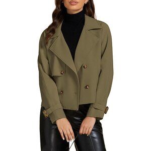 Women Army Green Cropped Trench Coat Double Breasted Lapel Casual Loose Fit